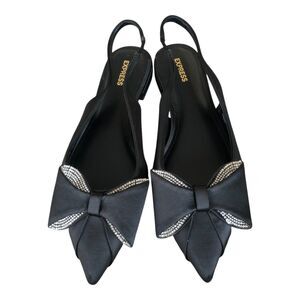 Express Women's Rhinestone Embellished Bow Pointed Toe Slip On Flats Black  Sz 8